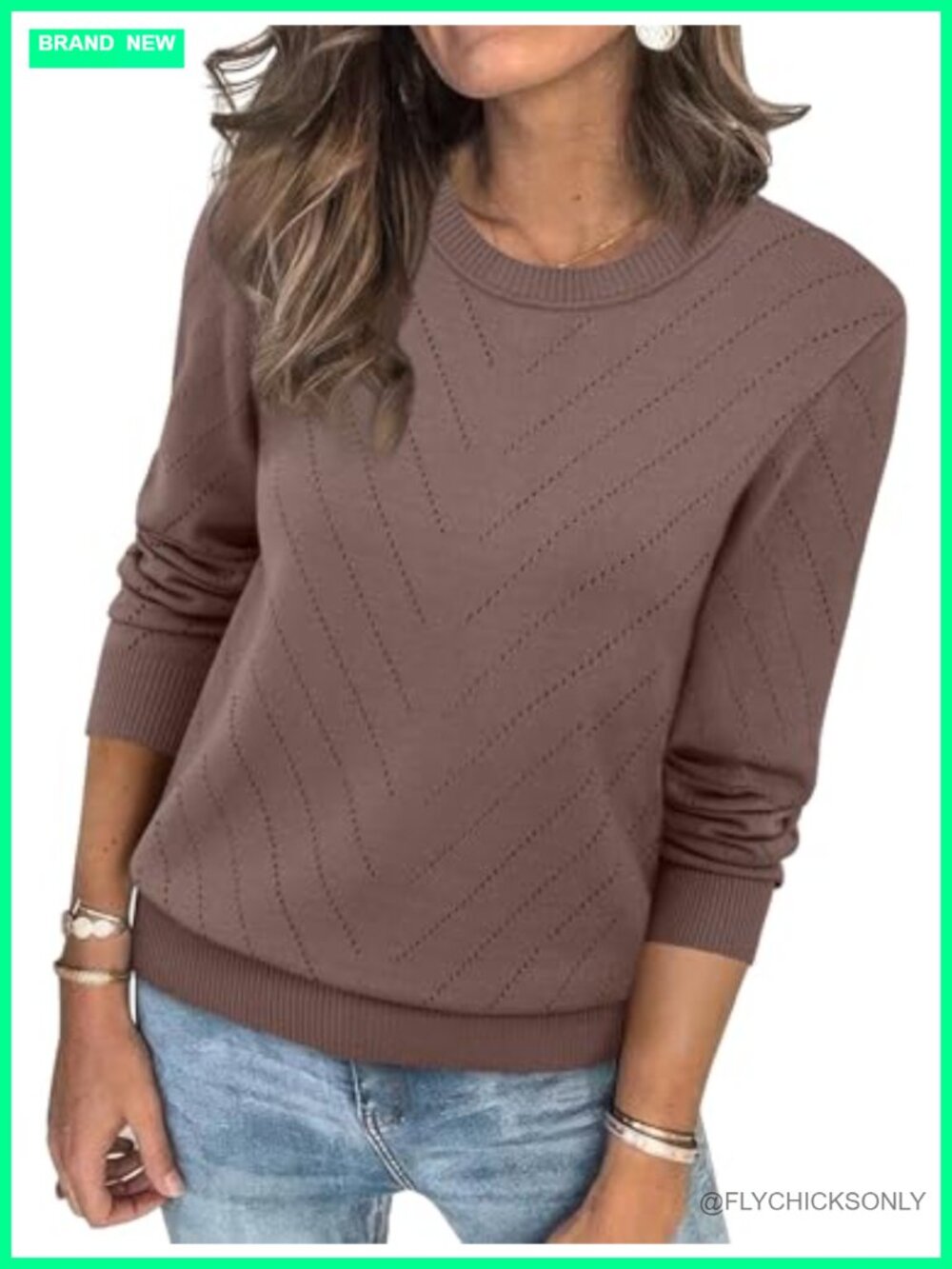 Womens Crew Neck Eyelet Knit Long Sleeve Pullover Sweater Soft Cozy
